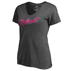 Detroit Tigers Women's Pink Wordmark V-Neck T-Shirt - Heathered Gray