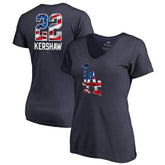 Clayton Kershaw Los Angeles Dodgers Women's Banner Wave Name & Number V-Neck T-Shirt - Navy