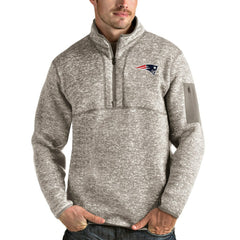 New England Patriots Antigua Fortune Quarter-Zip Pullover Jacket - Oatmeal on sale
