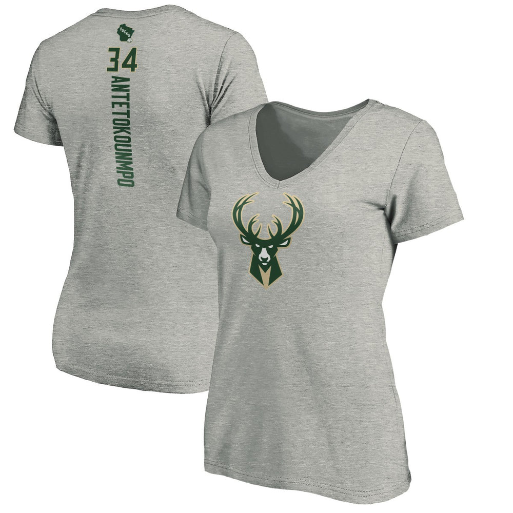Giannis Antetokounmpo Milwaukee Bucks Women's Playmaker Name & Number V-Neck T-Shirt - Heathered Gray cheap