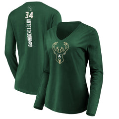 Giannis Antetokounmpo Milwaukee Bucks Women's Playmaker Name & Number Long Sleeve V-Neck T-Shirt - Green shop