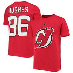 Jack Hughes New Jersey Devils Youth Player Name & Number T-Shirt Red