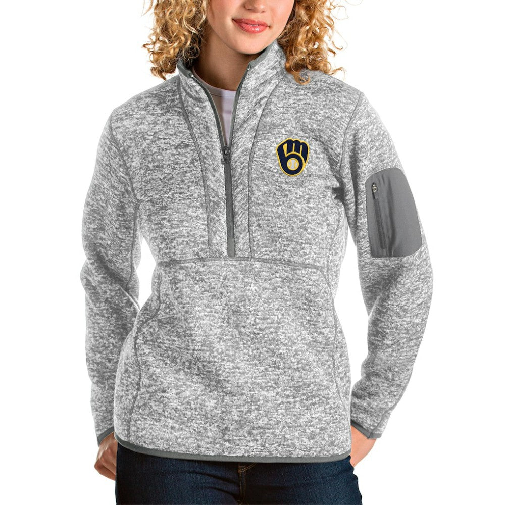Milwaukee Brewers Antigua Women's Fortune Half-Zip Pullover Jacket - Heather Gray