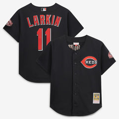 Barry Larkin Cincinnati Reds Cooperstown Collection Mesh Batting Practice Button-Up Jersey - Black | Mitchell & Ness
