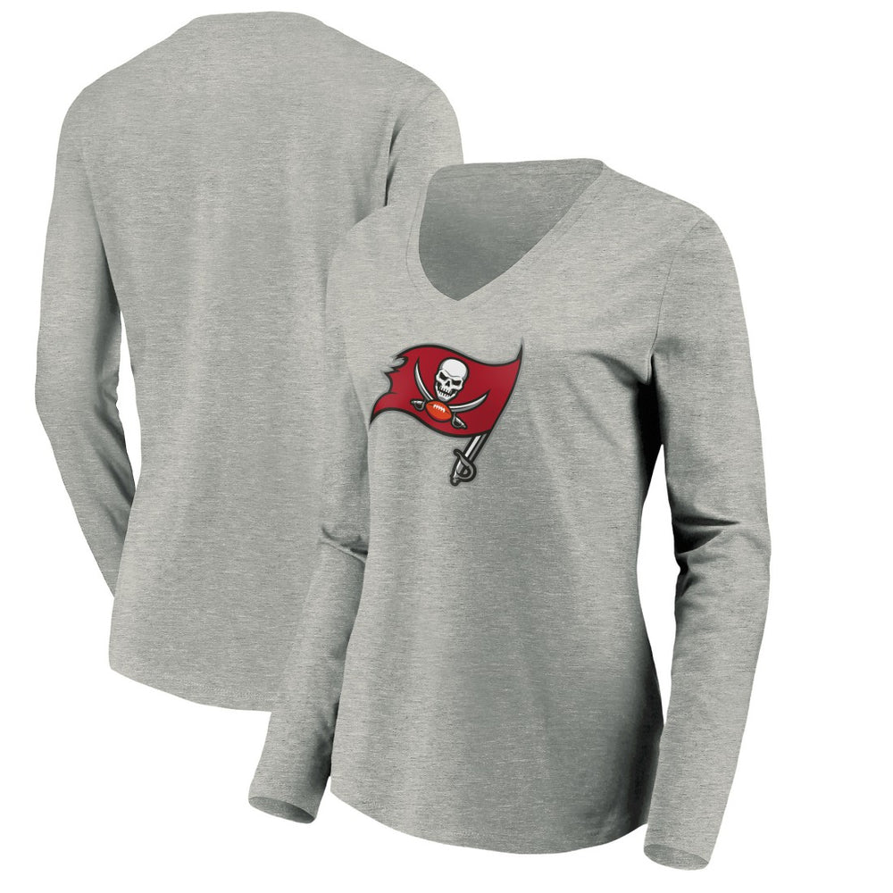 Tampa Bay Buccaneers Women's Primary Logo Long Sleeve V-Neck T-Shirt - Heather Gray for sale