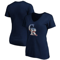 Colorado Rockies Logo Women's Banner Wave V-Neck T-Shirt - Navy