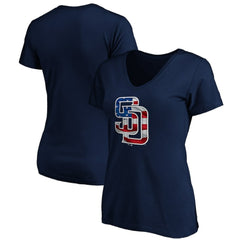 San Diego Padres Logo Women's Banner Wave V-Neck T-Shirt - Navy