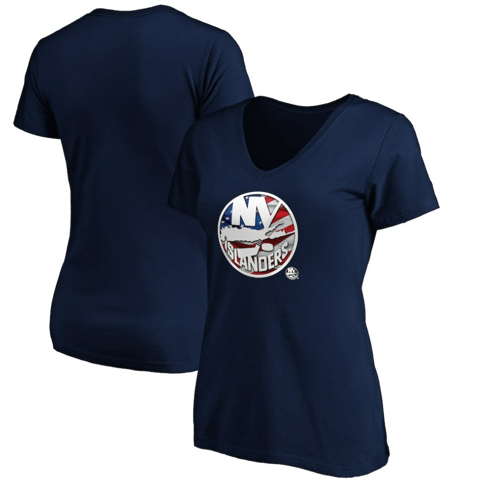 New York Islanders Women's Banner Wave Logo V-Neck T-Shirt T-Shirt Navy