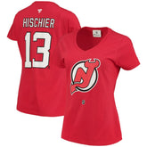 Nico Hischier New Jersey Devils Fanatics Women's Name & Number Logo V-Neck T-Shirt Red