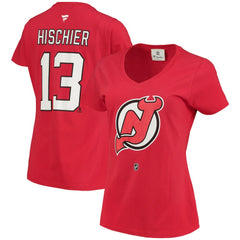 Nico Hischier New Jersey Devils Fanatics Women's Name & Number Logo V-Neck T-Shirt Red