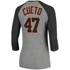 Johnny Cueto San Francisco Giants 5th & Ocean by Women's Script Name & Number Raglan Tri-Blend 3/4-Sleeve T-Shirt - Gray | New Era