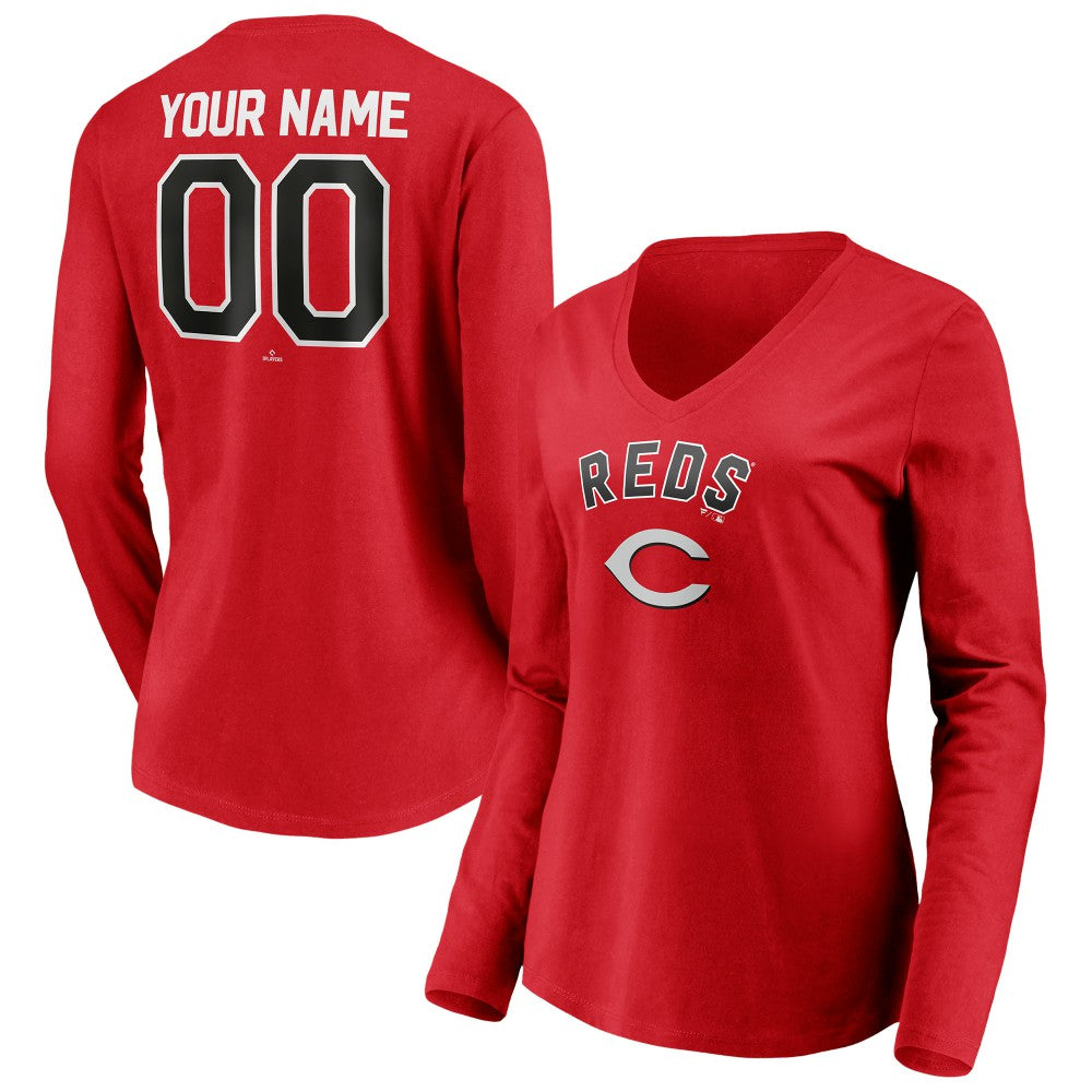 Cincinnati Reds Women's Personalized Winning Streak Name & Number Long Sleeve V-Neck T-Shirt - Red