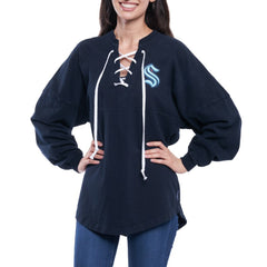 Seattle Kraken Fanatics Women's Lace Up Long Sleeve Spirit Top Navy