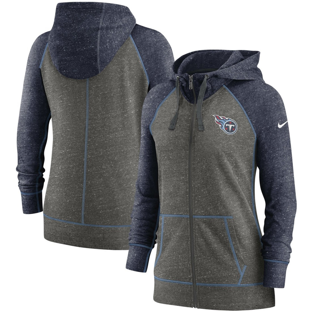 Tennessee Titans Women's Gym Vintage Raglan Full-Zip Hoodie - Heathered Charcoal/Navy | Nike on sale