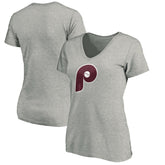 Philadelphia Phillies Women's Cooperstown Collection Huntington Logo V-Neck T-Shirt - Heathered Gray