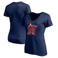Miami Marlins Women's Red White and Team V-Neck T-Shirt - Navy