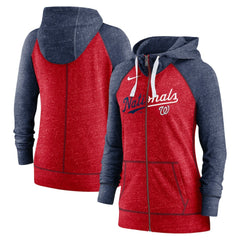 Washington Nationals Women's Split Wordmark Gym Vintage Raglan Lightweight Full-Zip Hoodie - Heather Red/Heather Navy | Nike