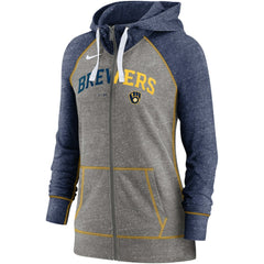 Milwaukee Brewers Women's Split Wordmark Gym Vintage Raglan Lightweight Full-Zip Hoodie - Heather Charcoal/Heather Navy | Nike