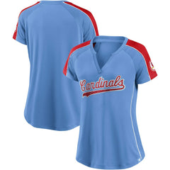 St. Louis Cardinals Women's Light Blue/Red True Classic League Diva Pinstripe Raglan V-Neck T-Shirt