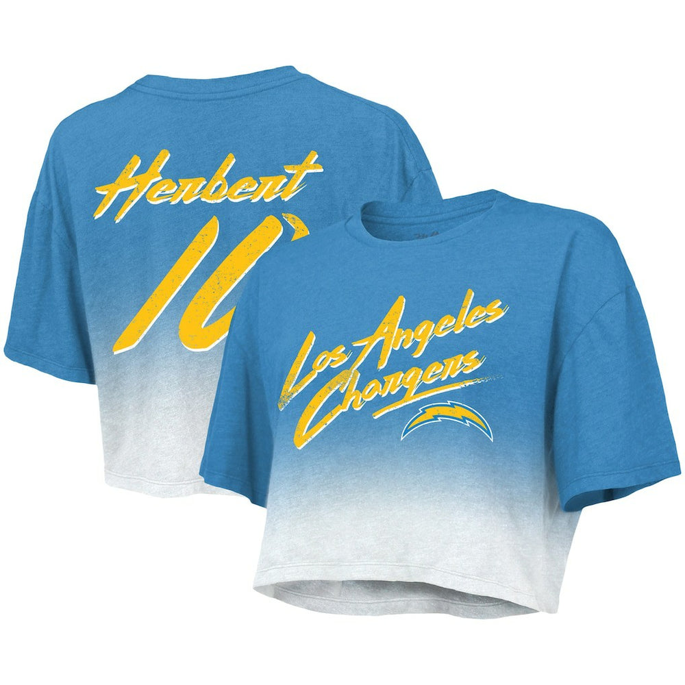 Justin Herbert Los Angeles Chargers Majestic Threads Women's Dip-Dye Player Name & Number Crop Top - Powder Blue/White discount