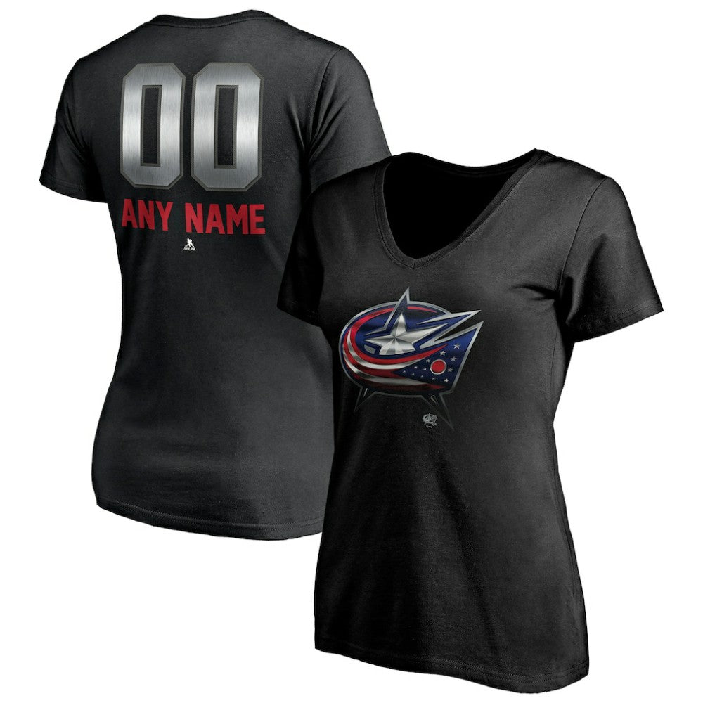 Columbus Blue Jackets Women's Personalized Midnight Mascot Logo V-Neck T-Shirt Black