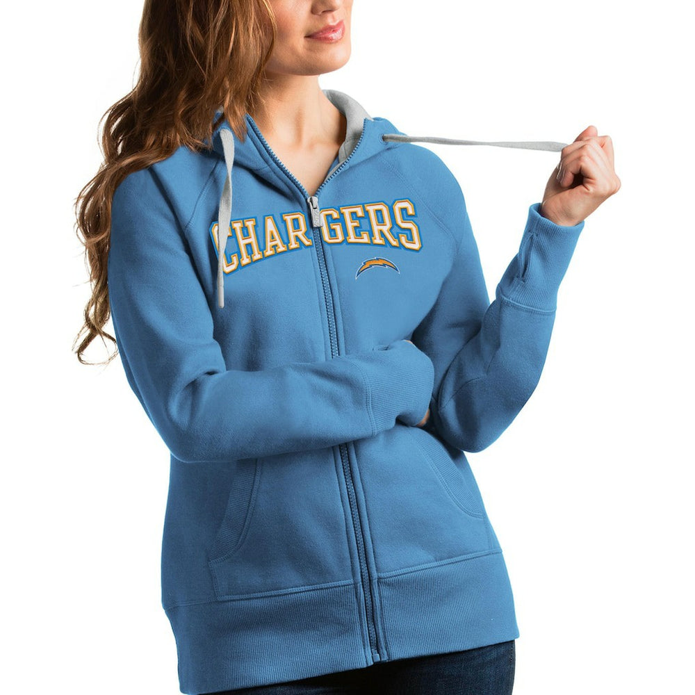Los Angeles Chargers Antigua Women's Wordmark Victory Full-Zip Hoodie - Powder Blue cheap