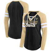 New Orleans Saints Women's True to Form Raglan Lace-Up V-Neck Long Sleeve T-Shirt - Black/Gold online