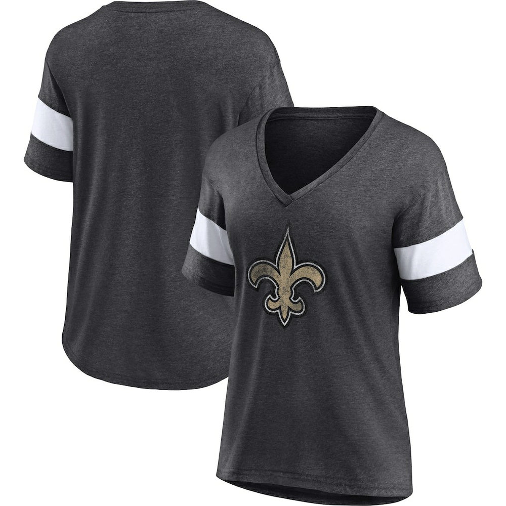 New Orleans Saints Women's Distressed Team Tri-Blend V-Neck T-Shirt - Heathered Charcoal/White on sale