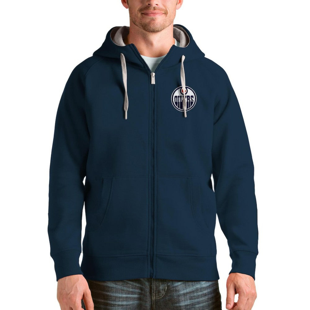 Edmonton Oilers Antigua Logo Victory Full-Zip Hoodie Navy