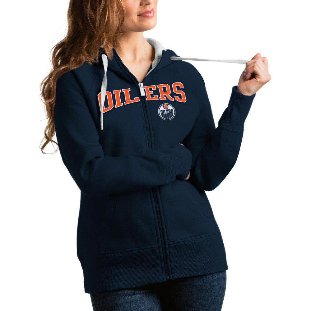 Edmonton Oilers Antigua Women's Wordmark Victory Full-Zip Hoodie Navy