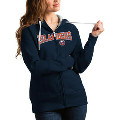 New York Islanders Antigua Women's Wordmark Victory Full-Zip Hoodie Navy