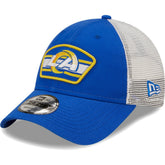 Los Angeles Rams New Era Logo Patch Trucker 9FORTY Snapback Hat - Royal/White on sale