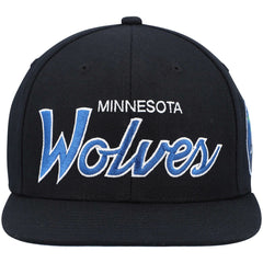 Minnesota Timberwolves Hardwood Classics Script 2.0 Snapback Hat - Black | Mitchell & Ness for sale