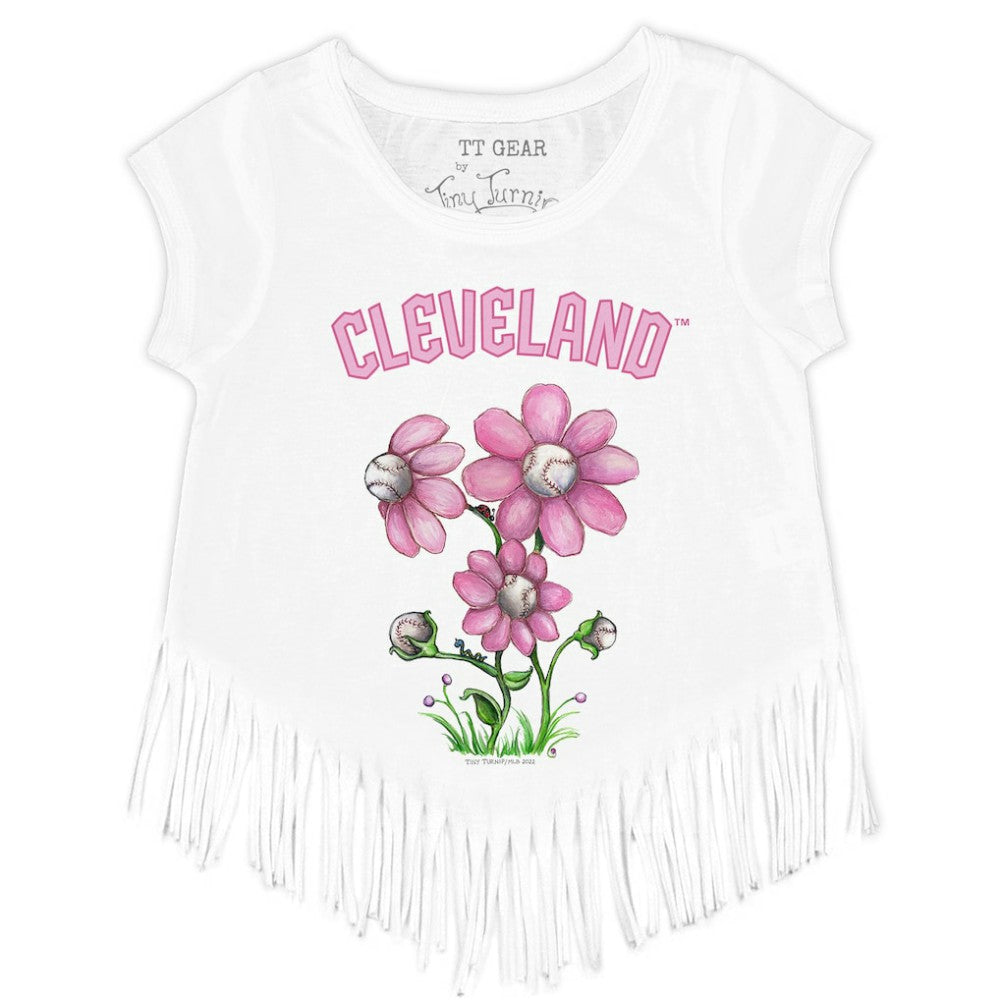 Cleveland Guardians Tiny Turnip Girls Youth Blooming Baseballs Fringe T-Shirt - White