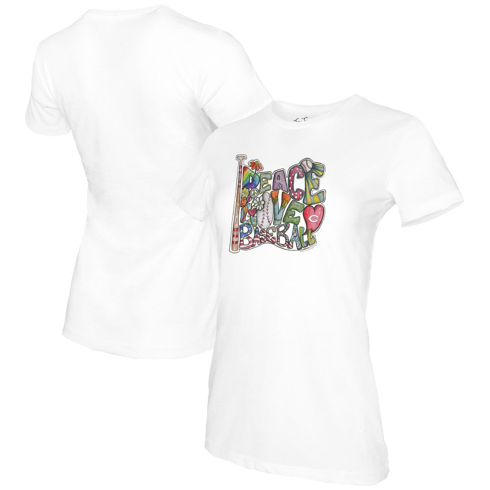 Cincinnati Reds Tiny Turnip Women's Peace Love Baseball T-Shirt - White