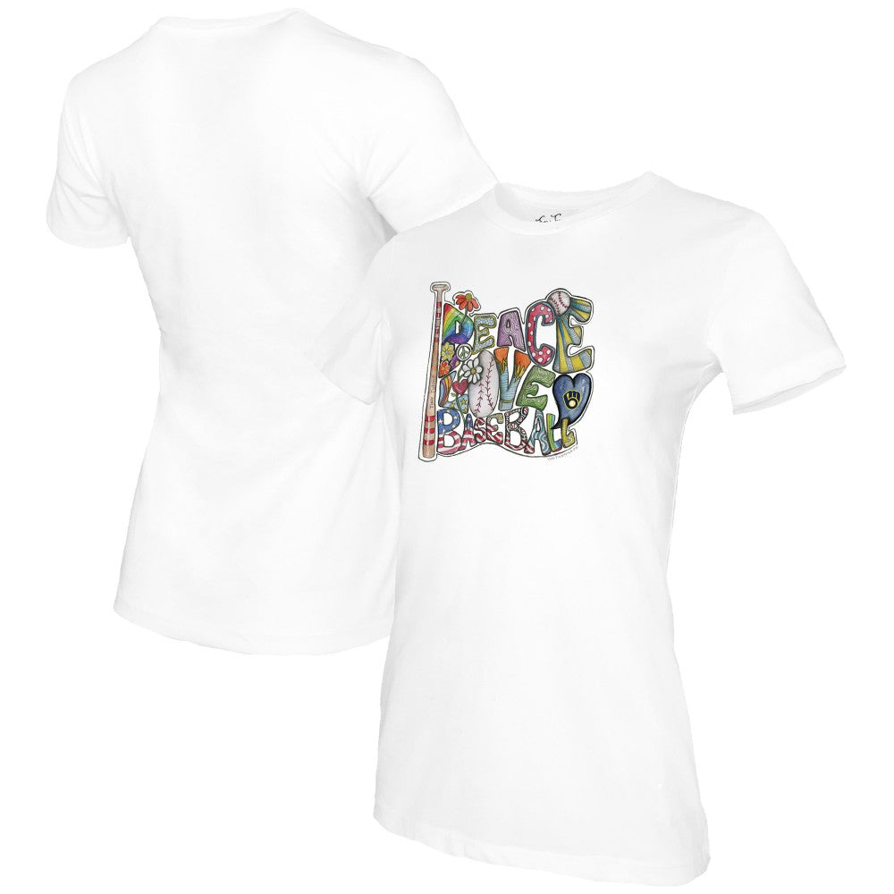 Milwaukee Brewers Tiny Turnip Women's Peace Love Baseball T-Shirt - White