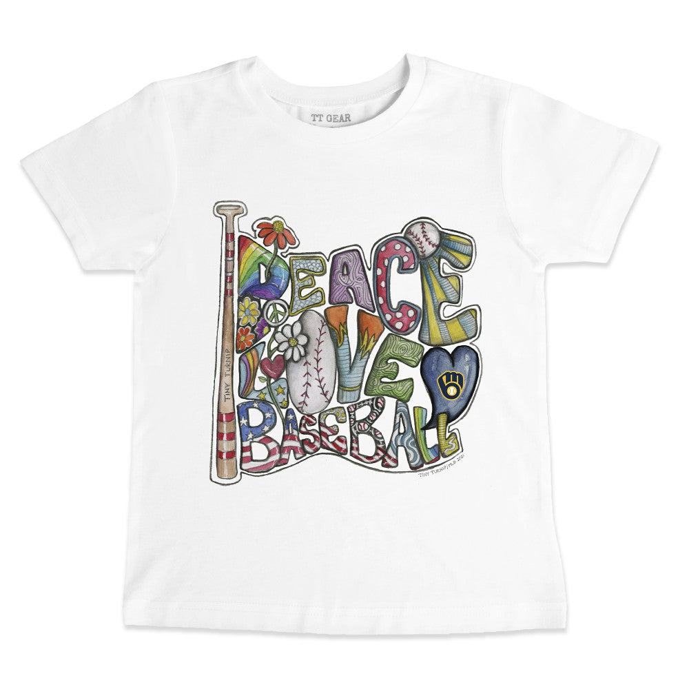 Milwaukee Brewers Tiny Turnip Youth Peace Love Baseball T-Shirt - White