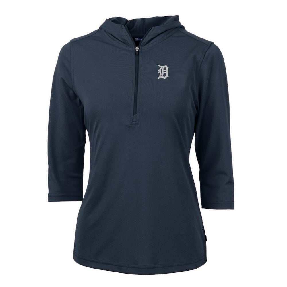 Detroit Tigers Cutter & Buck Women's Virtue Eco Pique 3/4 Sleeve Half-Zip Pullover Hoodie - Navy