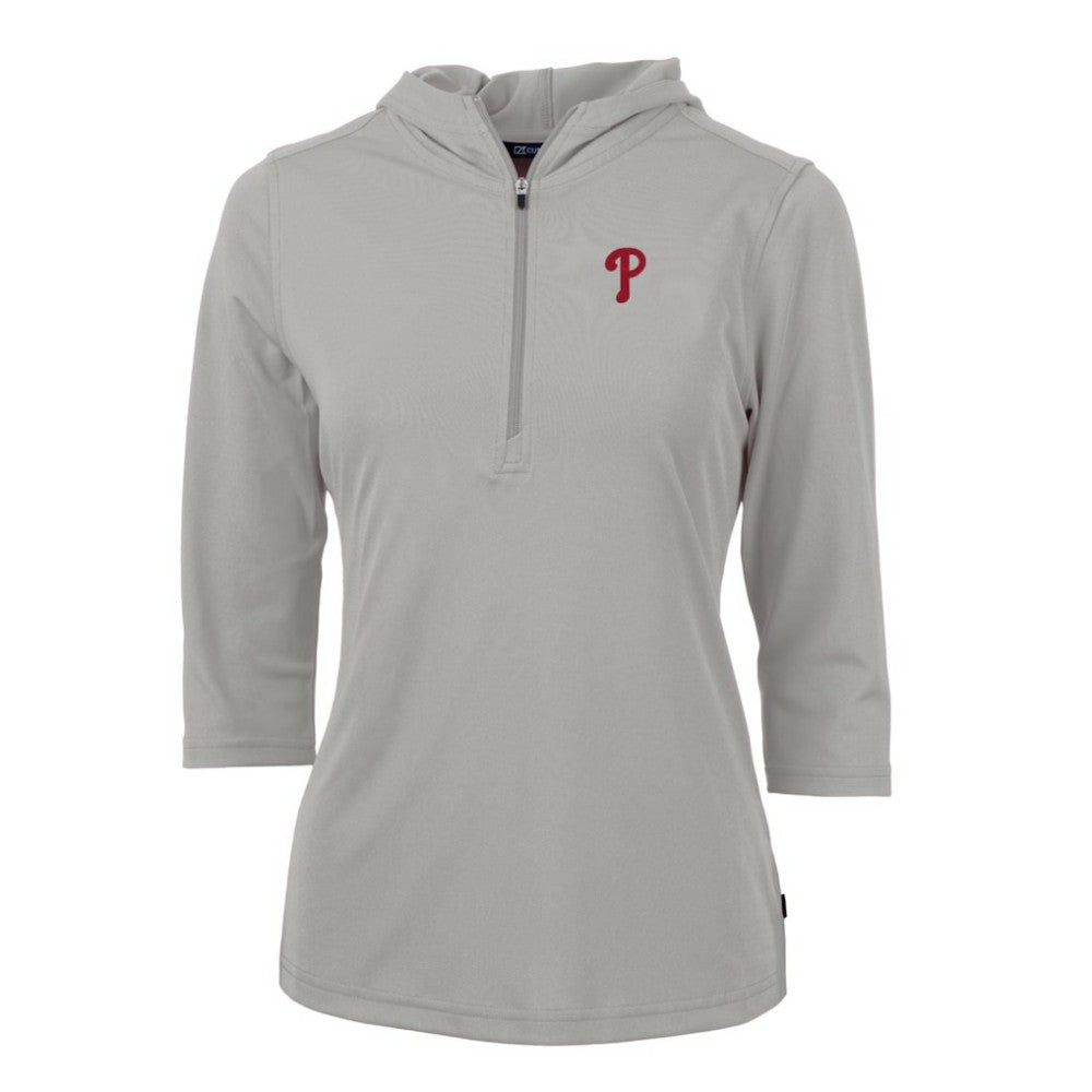Philadelphia Phillies Cutter & Buck Women's Virtue Eco Pique 3/4 Sleeve Half-Zip Pullover Hoodie - Gray