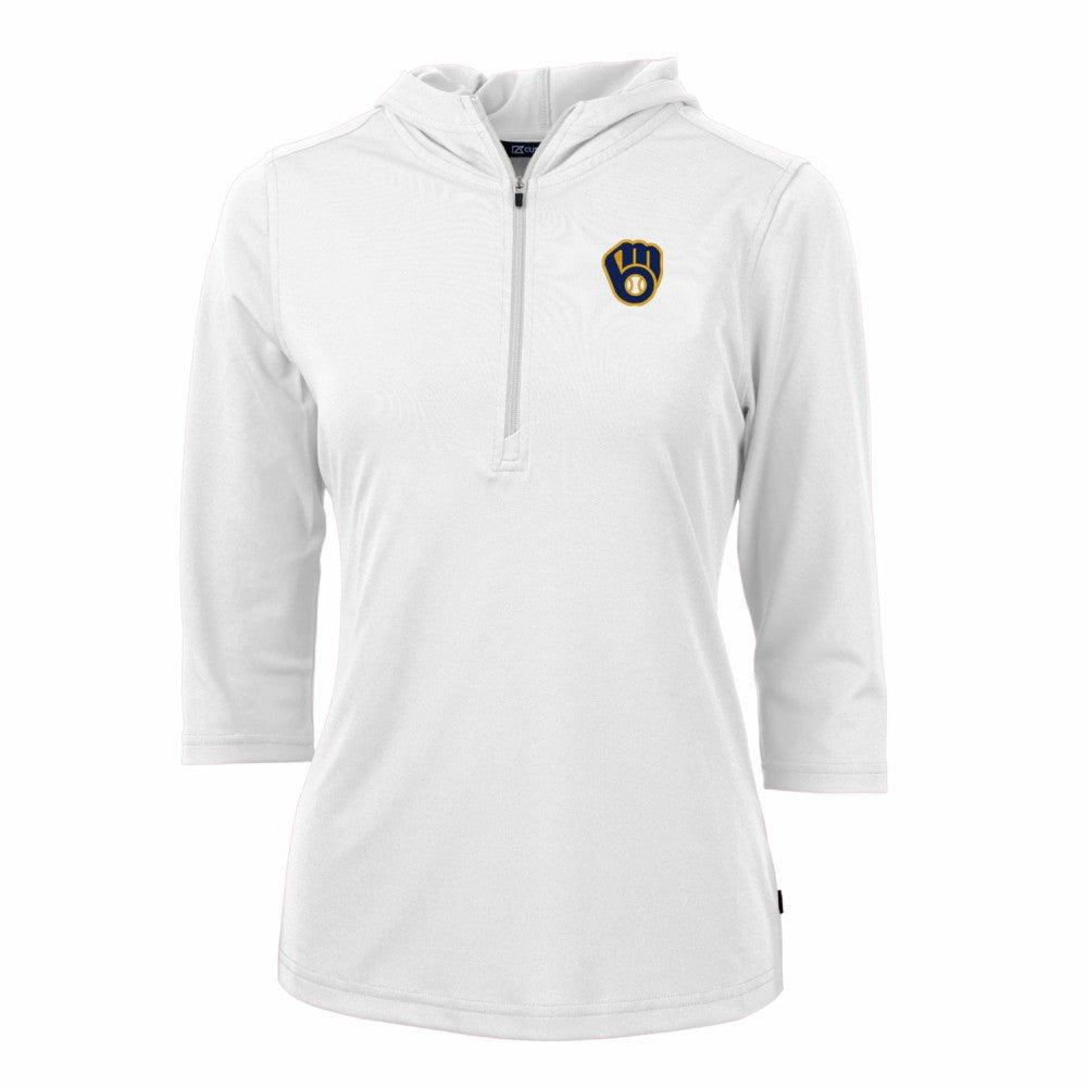 Milwaukee Brewers Cutter & Buck Women's Virtue Eco Pique 3/4 Sleeve Half-Zip Pullover Hoodie - White