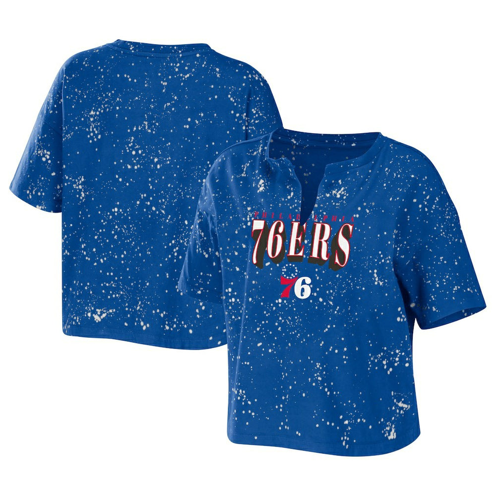 Philadelphia 76ers WEAR by Erin Andrews Women's Bleach Splatter Notch Neck T-Shirt - Royal sale