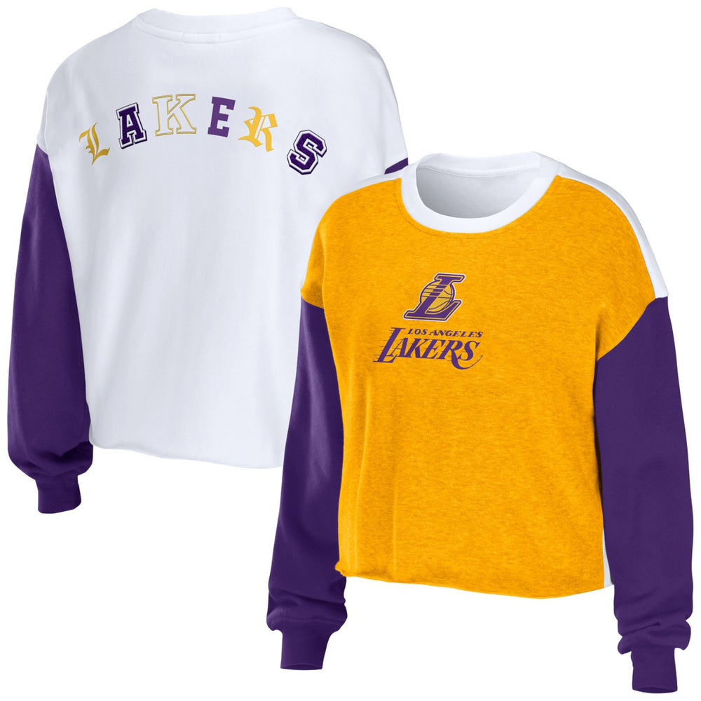 Los Angeles Lakers WEAR by Erin Andrews Women's Mixed Letter Cropped Pullover Sweatshirt - Heather Gold discount