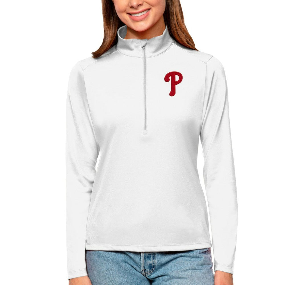 Philadelphia Phillies Antigua Women's Tribute Quarter-Zip Pullover Top - White