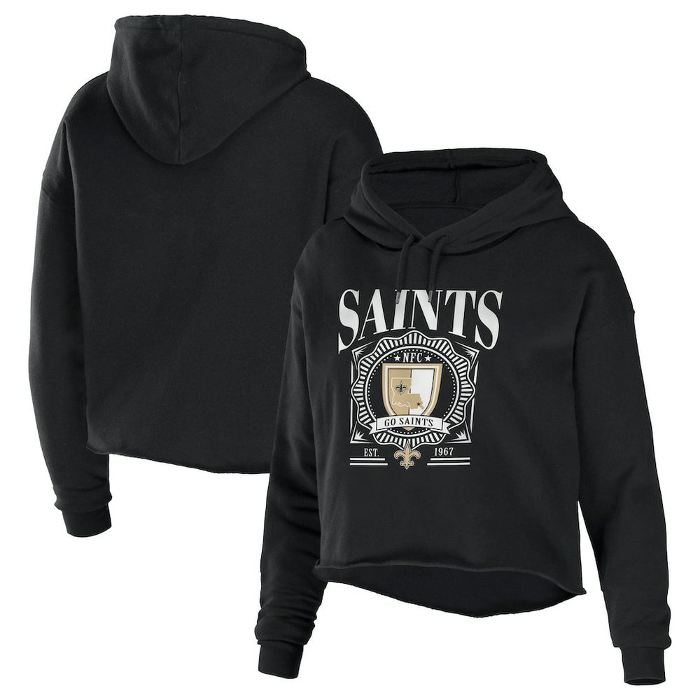New Orleans Saints WEAR by Erin Andrews Women's Cropped Sponge Fleece Pullover Hoodie - Black online