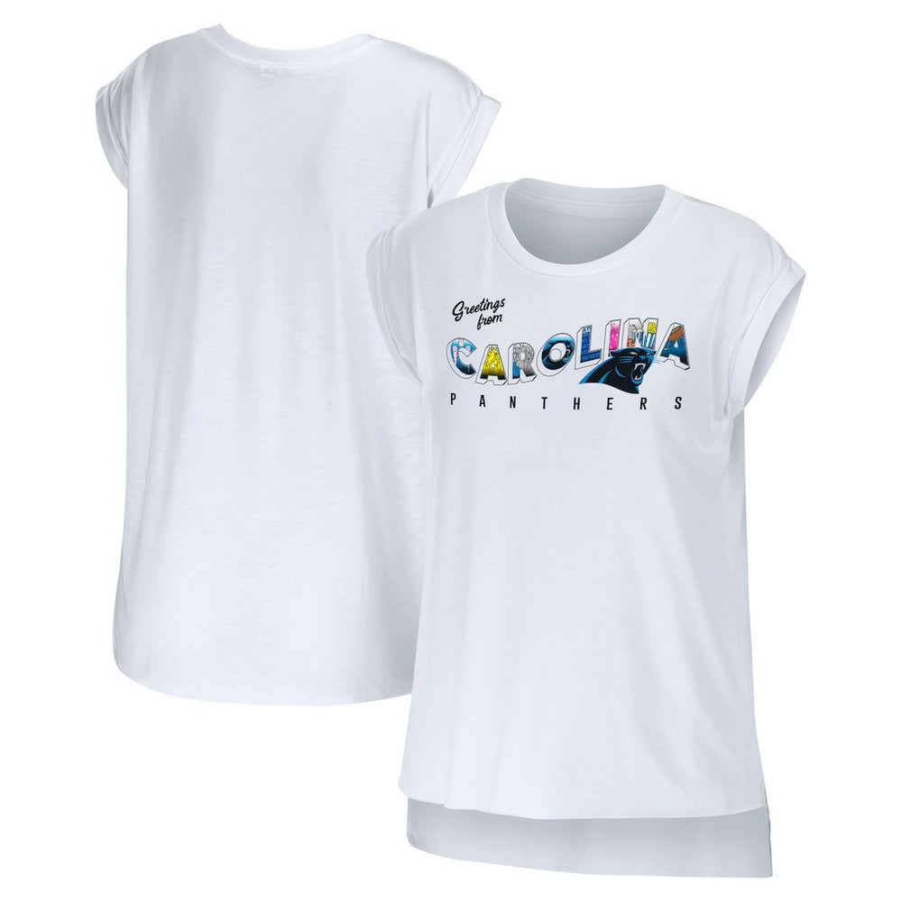 Carolina Panthers WEAR by Erin Andrews Women's Greetings From Muscle T-Shirt - White for sale