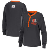 Cleveland Browns WEAR by Erin Andrews Women's Waffle Henley Long Sleeve T-Shirt - Charcoal sale