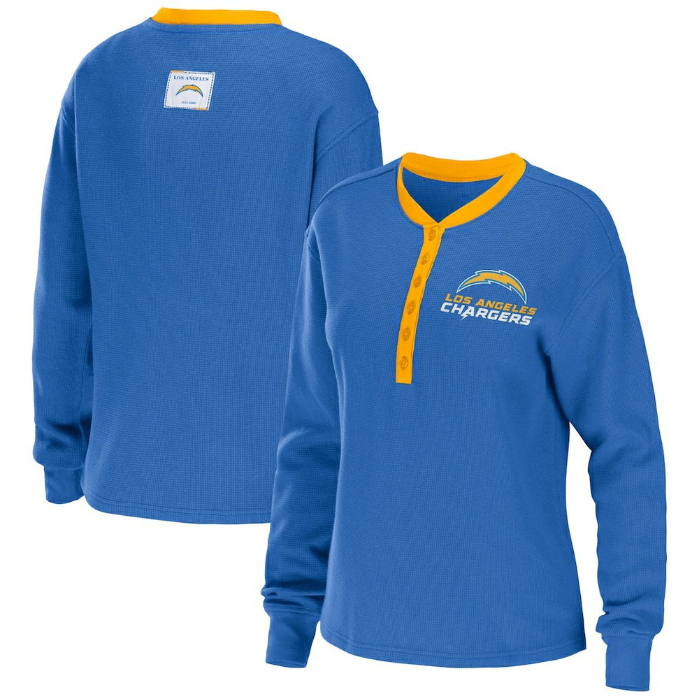 Los Angeles Chargers WEAR by Erin Andrews Women's Waffle Henley Long Sleeve T-Shirt - Powder Blue cheap