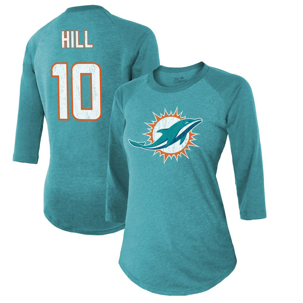 Tyreek Hill Miami Dolphins Majestic Threads Women's Name & Number Raglan 3/4 Sleeve T-Shirt - Aqua cheap