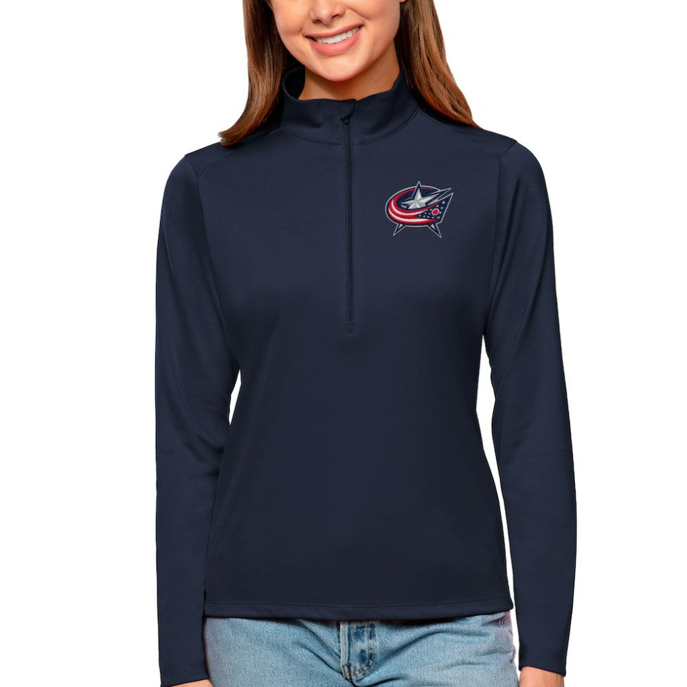 Columbus Blue Jackets Antigua Women's Tribute Quarter-Zip Pullover Top Navy
