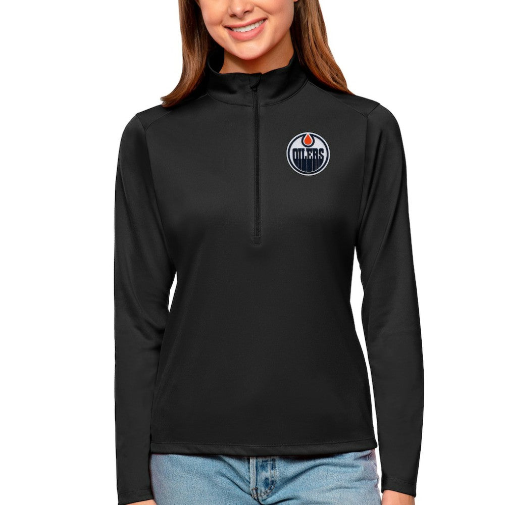 Edmonton Oilers Antigua Women's Tribute Quarter-Zip Pullover Top Black